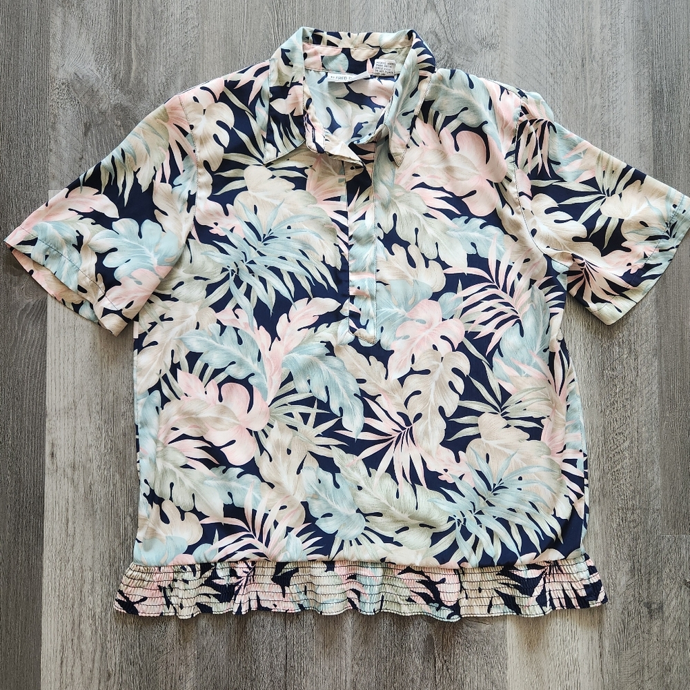 Alfred Dunner Vintage Tropical‎ Print Short Sleeve Collared Blouse Women's 10